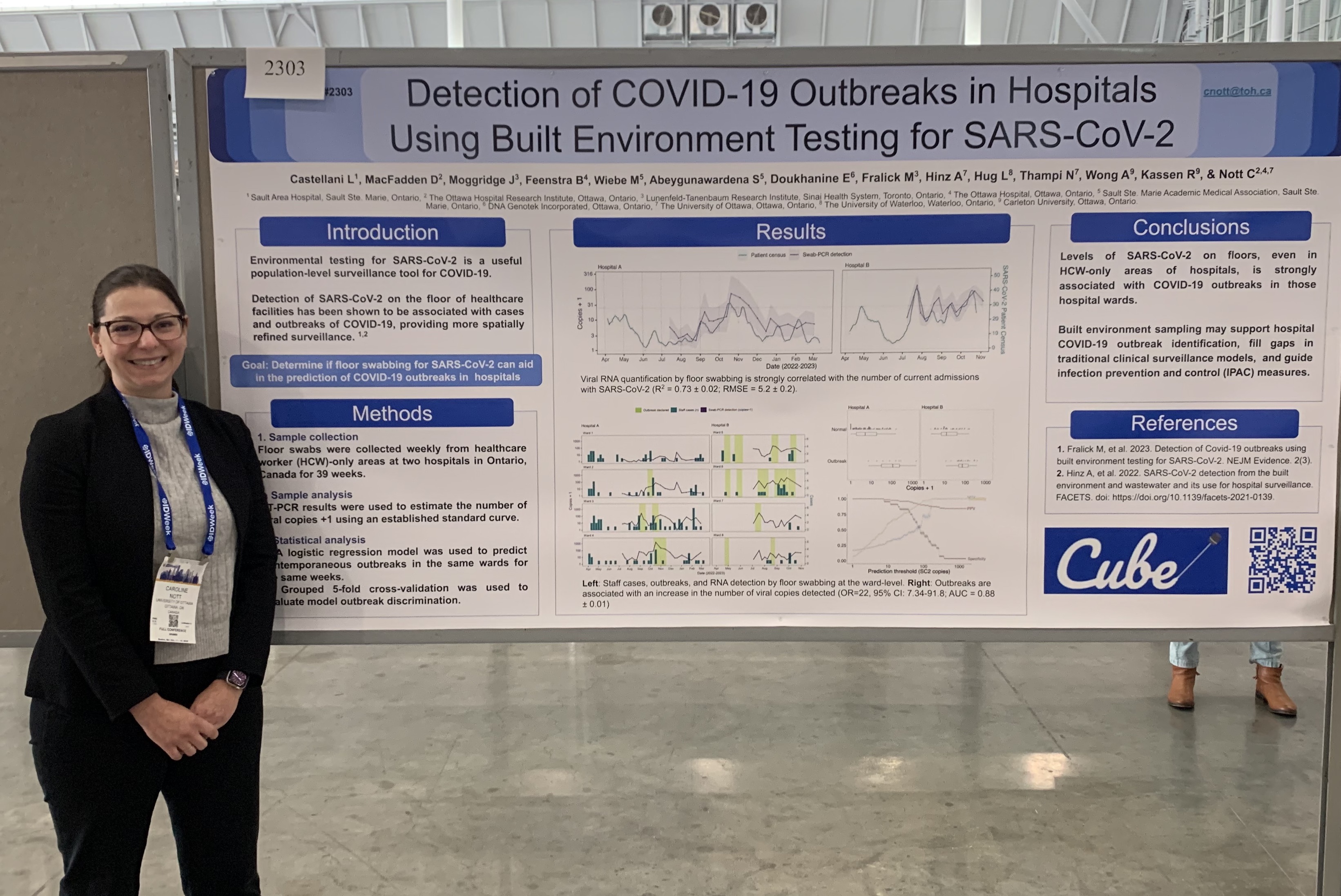 Dr. Caroline Nott with her poster “Detection of COVID-19 Outbreaks in Hospitals Using Built Environment Testing for SARS-CoV-2” at IDWeek