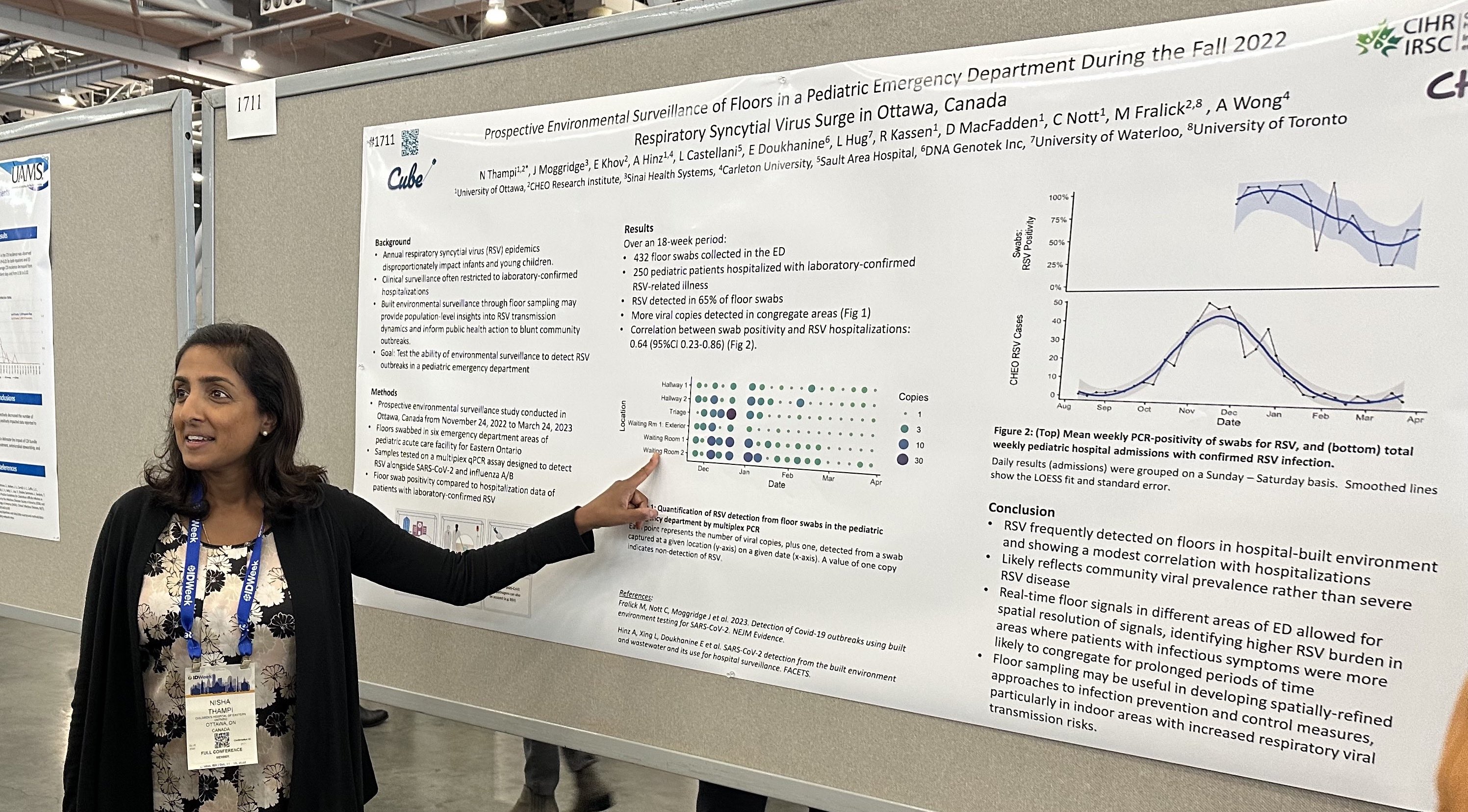 Dr. Nisha Thampi presents her poster “Propective Environmental Surveillance of Floors in a Pediatric Emergency Department During the Fall 2022 Respiratory Synctial Virus Surge in Ottawa, Canada” at IDWeek 2023.